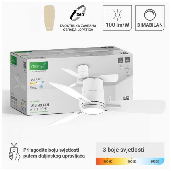 Stropni ventilator sa svjetiljkom Green Tech, 42", 15W, 3CCT, Bijelo ili Drvo